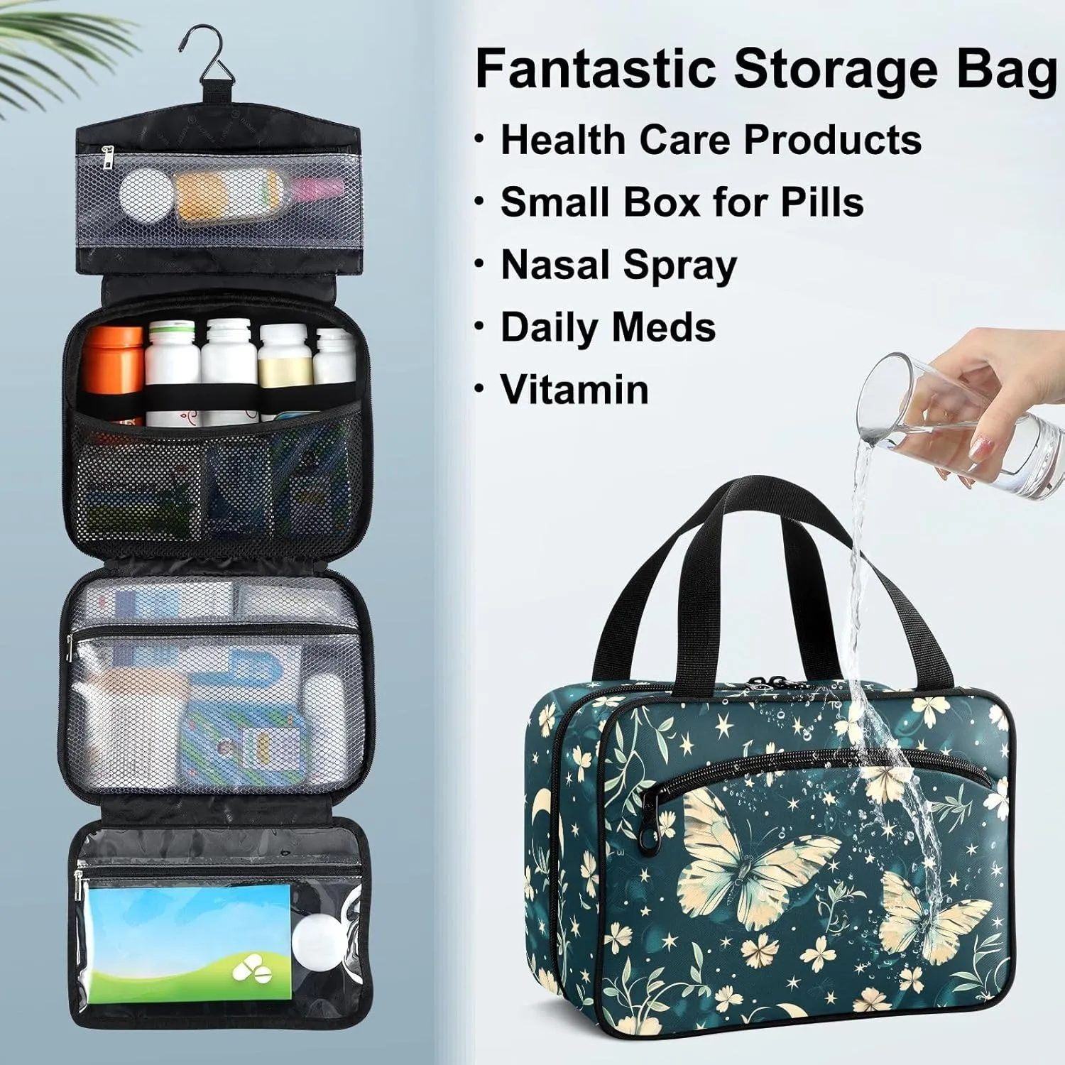 Fustylead Flying Butterfly and Floral Moon Stars Large Medical Supplies Organizer Bag with Zipper Empty First Aid Bag Trauma Kit for Traveling Hiking Camping