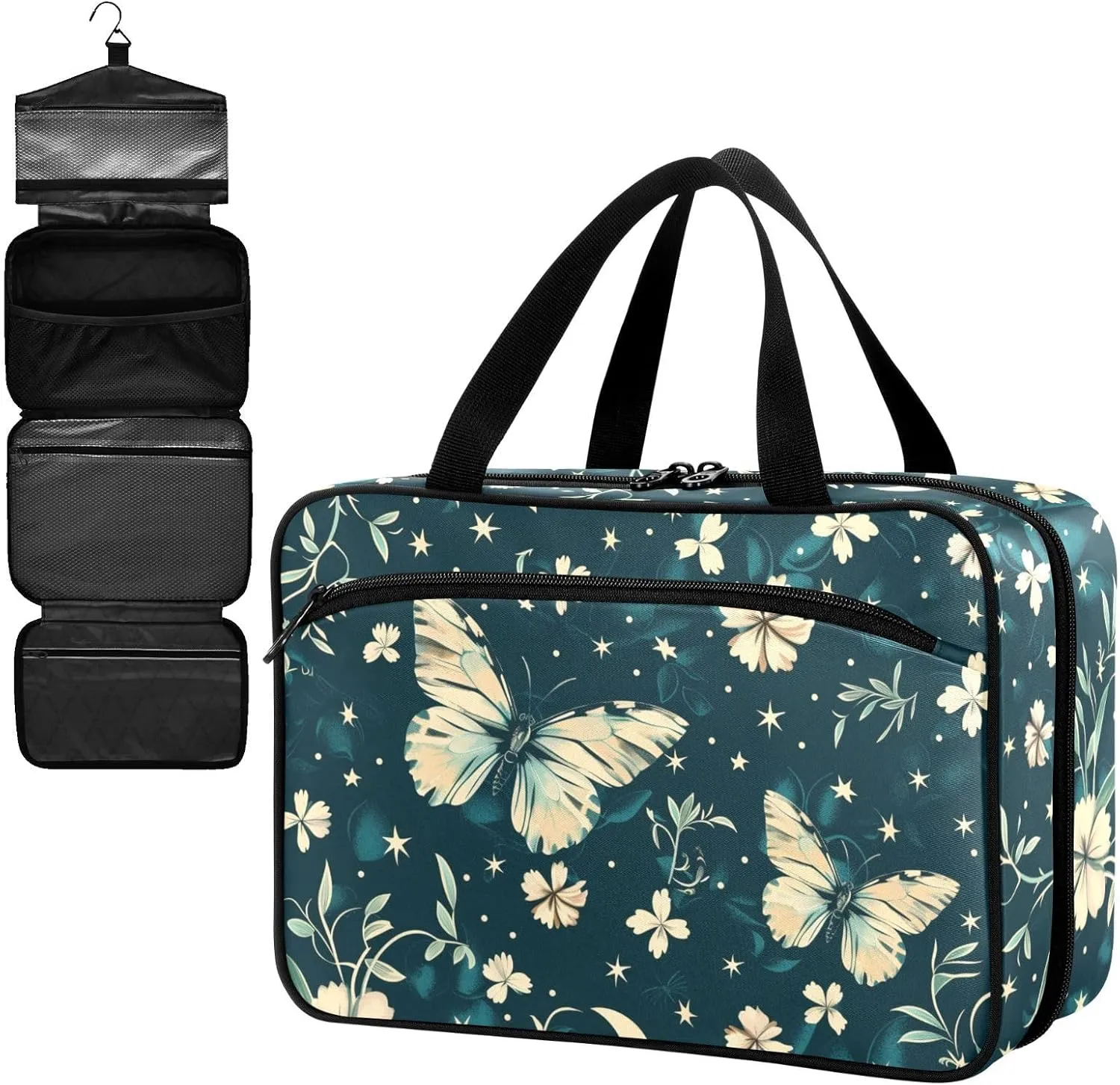 Fustylead Flying Butterfly and Floral Moon Stars Large Medical Supplies Organizer Bag with Zipper Empty First Aid Bag Trauma Kit for Traveling Hiking Camping