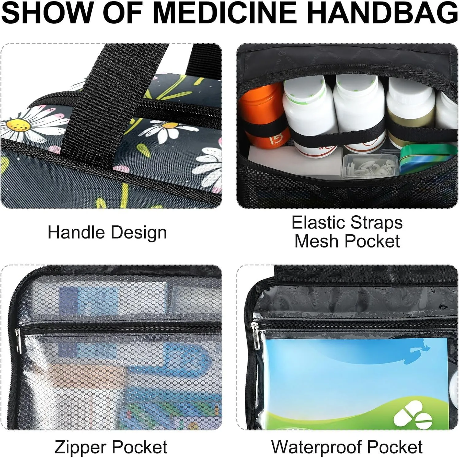 Fustylead Hand Draw Cartoon Daisy Flowers Large Medical Supplies Organizer Bag with Zipper Empty First Aid Bag Trauma Kit for Traveling Hiking Camping