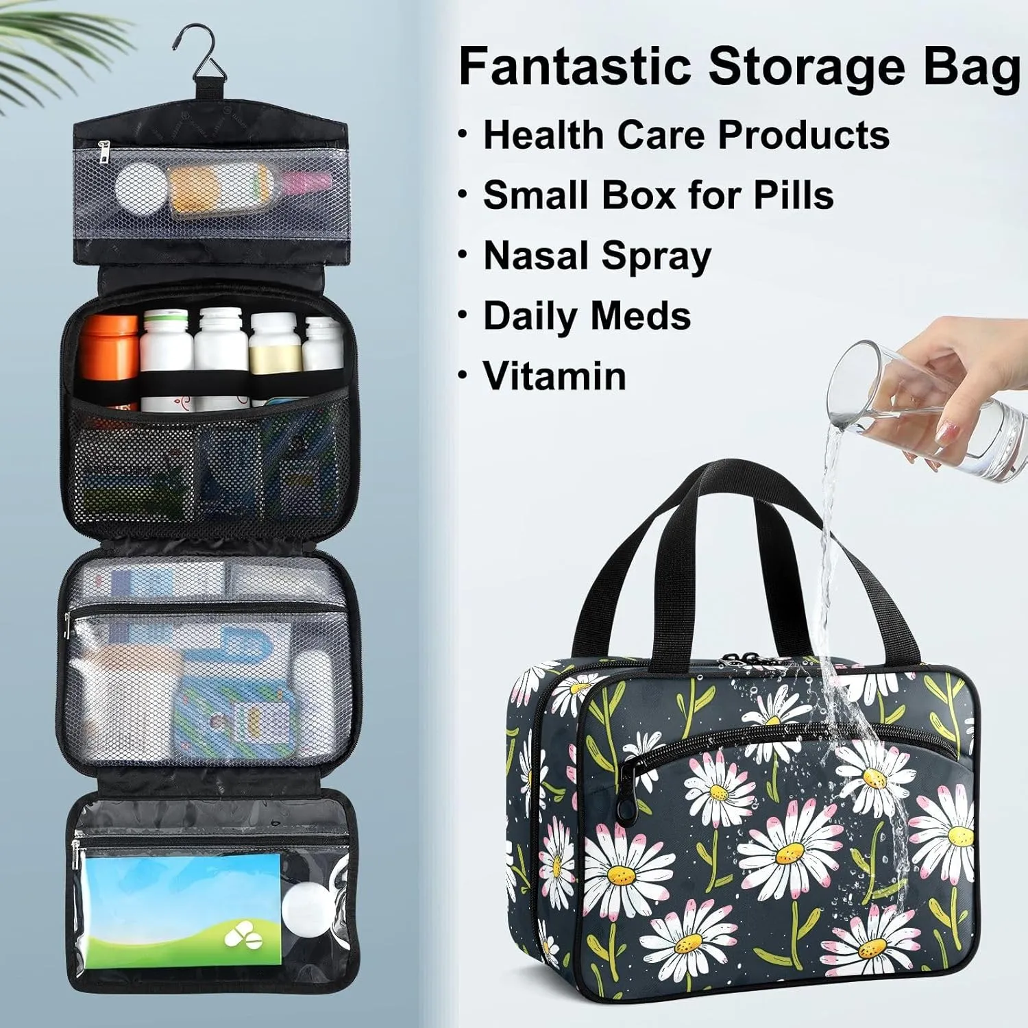 Fustylead Hand Draw Cartoon Daisy Flowers Large Medical Supplies Organizer Bag with Zipper Empty First Aid Bag Trauma Kit for Traveling Hiking Camping