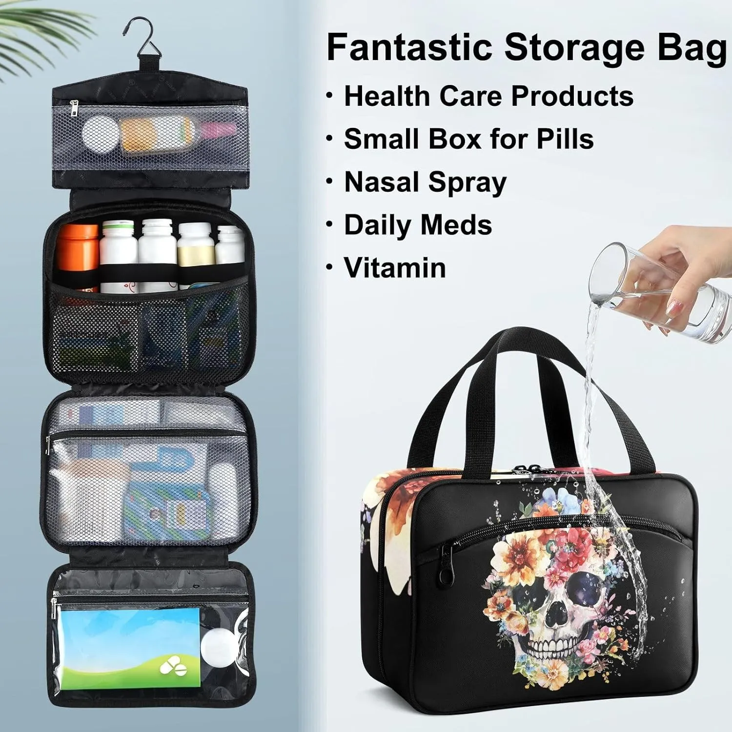 Fustylead Retro Floral Skull Watercolor Empty Travel First Aid Bag Large Home Medication Bag with Zipper for Pills,Vitamin,Fish Oil,Supplements for Women and Men