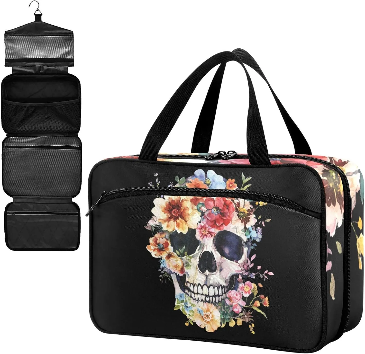 Fustylead Retro Floral Skull Watercolor Empty Travel First Aid Bag Large Home Medication Bag with Zipper for Pills,Vitamin,Fish Oil,Supplements for Women and Men