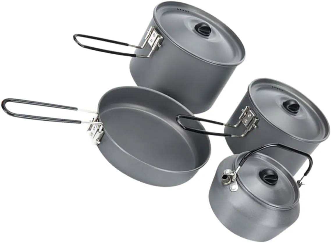 GANAZONO Camping Cooking Set 3-Pot Outdoor Cooking Kit Nonstick Teapot Pots and Pans Compact and Easy to Store for Camping Hiking and Outdoor Use