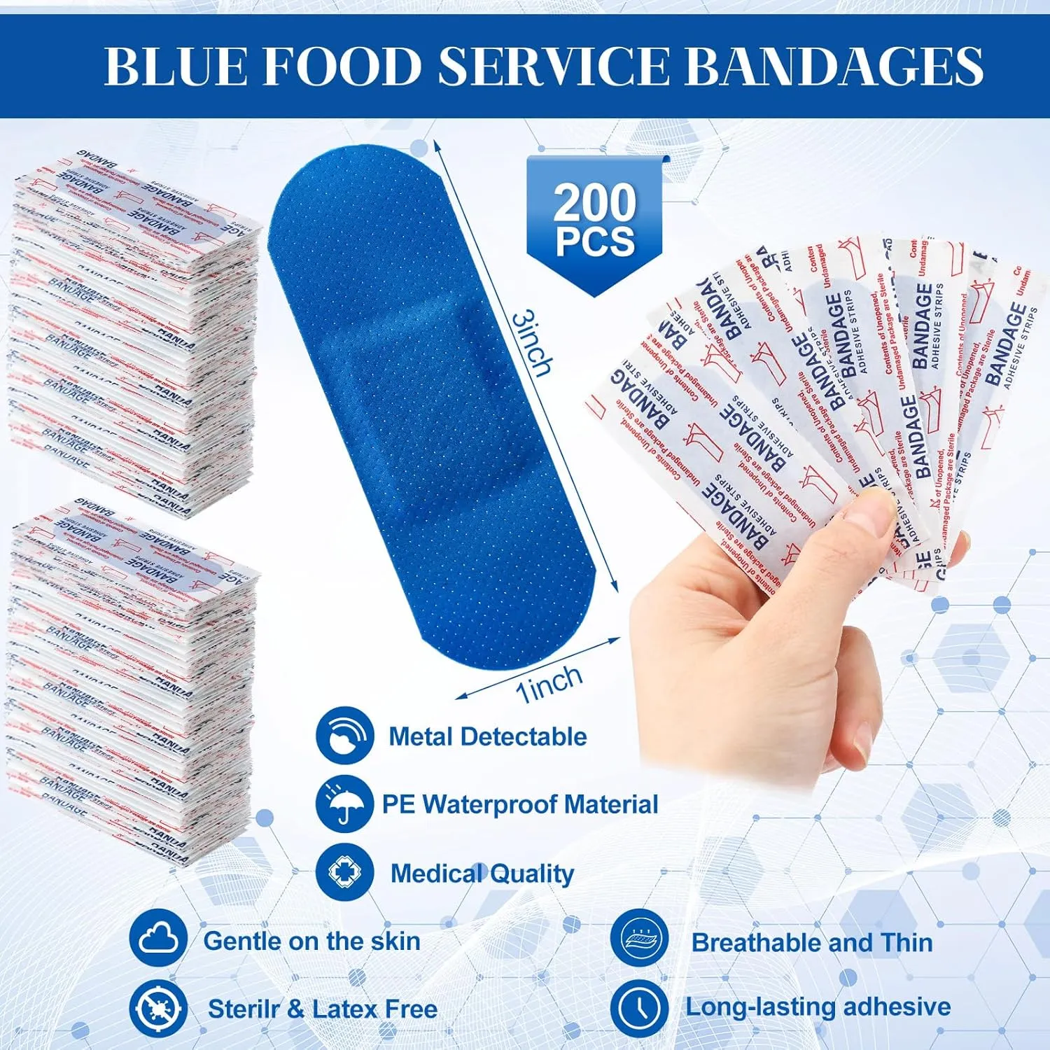 Geiserailie 400 Pcs Blue Fabric Bandages Food Service Metal Detectable 3" x 1" Waterproof Adhesive Bandages Bulk Sterile Processing Non Stick Pad Latex Free for First Aid and Wound Care