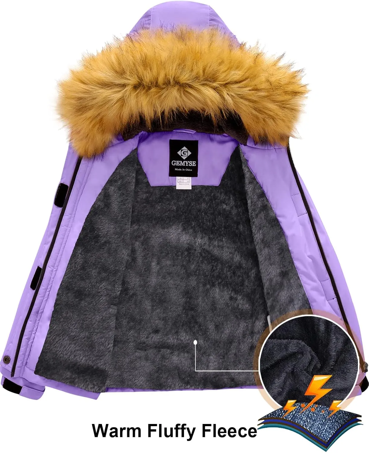 GEMYSE Girl's Winter Waterproof Ski Snow Jacket Fleece Windproof Jacket with Hood
