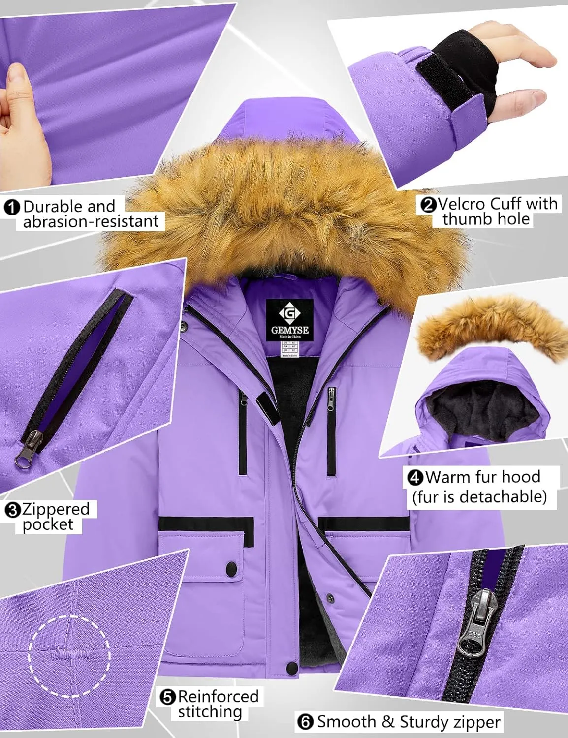 GEMYSE Girl's Winter Waterproof Ski Snow Jacket Fleece Windproof Jacket with Hood