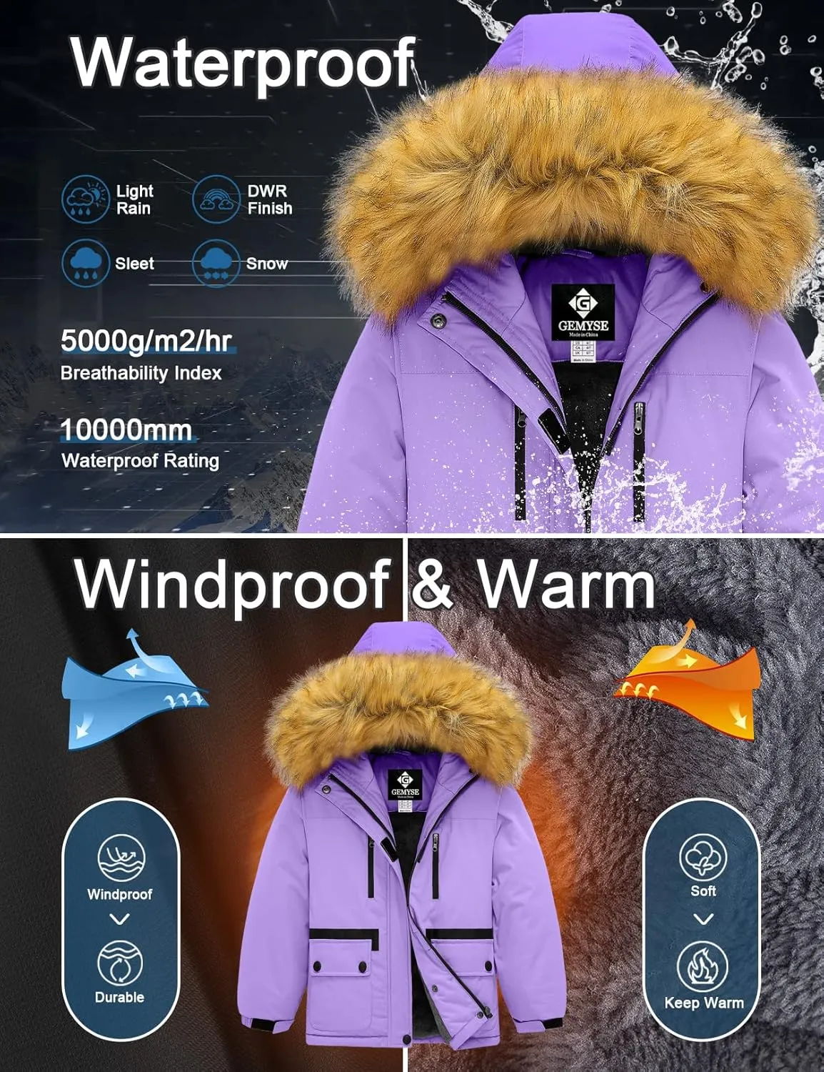 GEMYSE Girl's Winter Waterproof Ski Snow Jacket Fleece Windproof Jacket with Hood