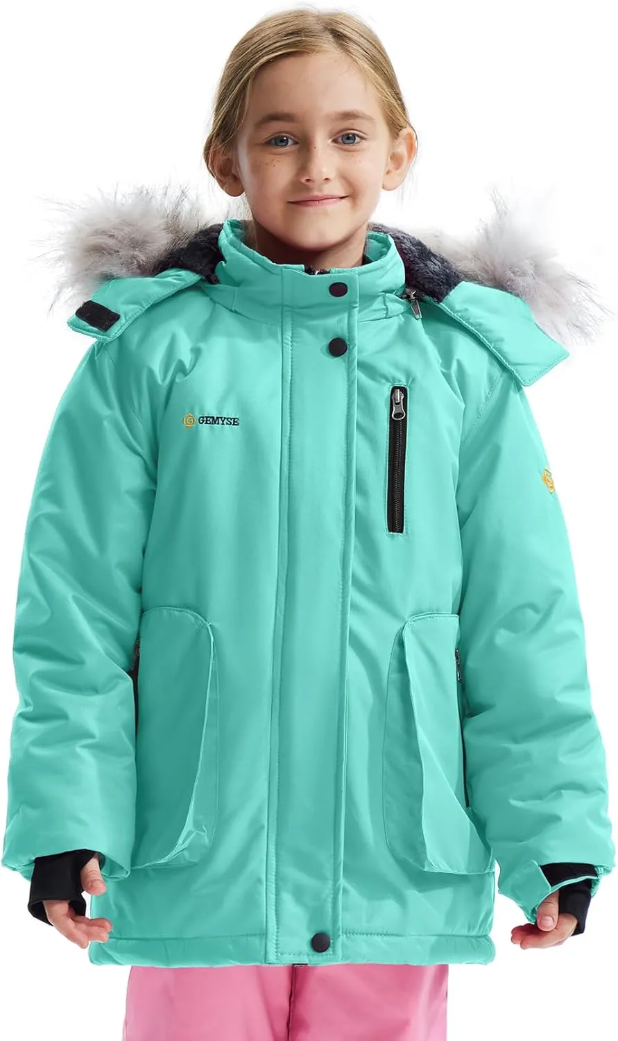 GEMYSE Girl's Winter Waterproof Ski Snow Jacket Hooded Fleece Lined Windproof Coat