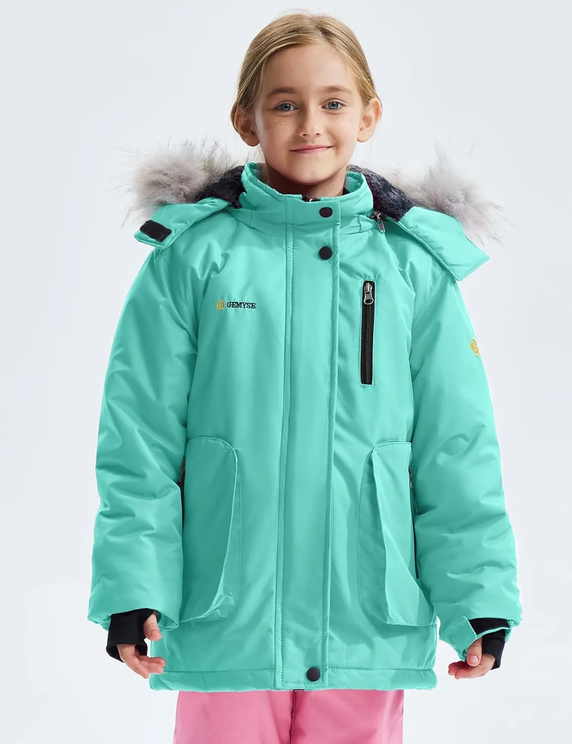 GEMYSE Girl's Winter Waterproof Ski Snow Jacket Hooded Fleece Lined Windproof Coat