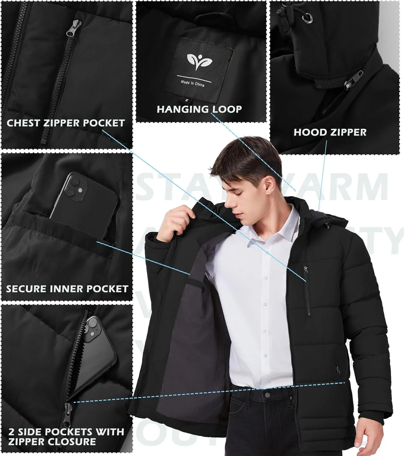 GGleaf Men's Hooded Winter Coat Warm Puffer Jacket Thicken Quilted Jacket