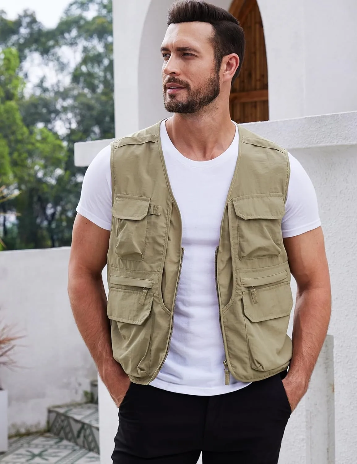 Gihuo Men's Utility Fishing Vest Lightweight Outdoor Work Safari Travel Cargo Vest with Multi-Pockets
