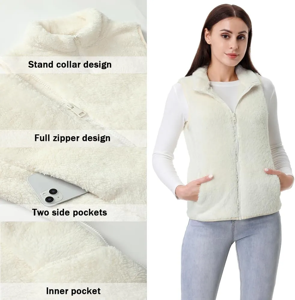 GIMECEN Womens Fuzzy Sherpa Fleece Vest Lightweight Sleeveless Jacket Full Zip Outerwear Polar Soft Waistcoat
