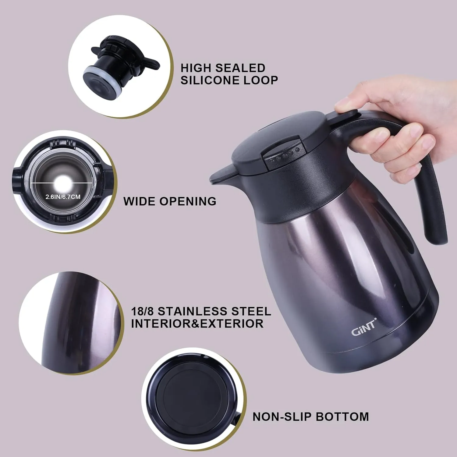 GiNT 1L / 34Oz Thermal Coffee Carafe, Insulated Stainless Steel Coffee Carafes for Keeping Hot/Double Walled Vacuum Thermos (Purple)