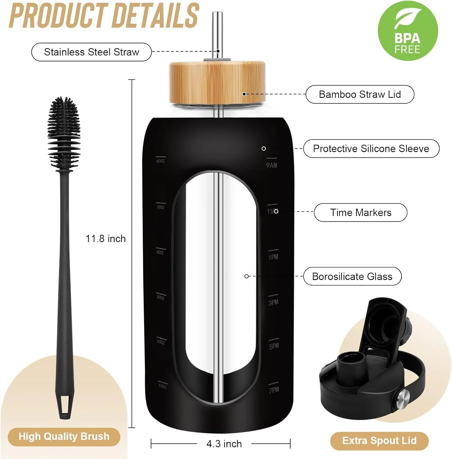 Glass Water Bottles 64 oz - Half Gallon Large Motivational Daily Water Intake Bottle Time Marker - Glass Water Bottle With Straw, Silicone Sleeve 2 Lids, Handle Spout & Bamboo Lid(Black)