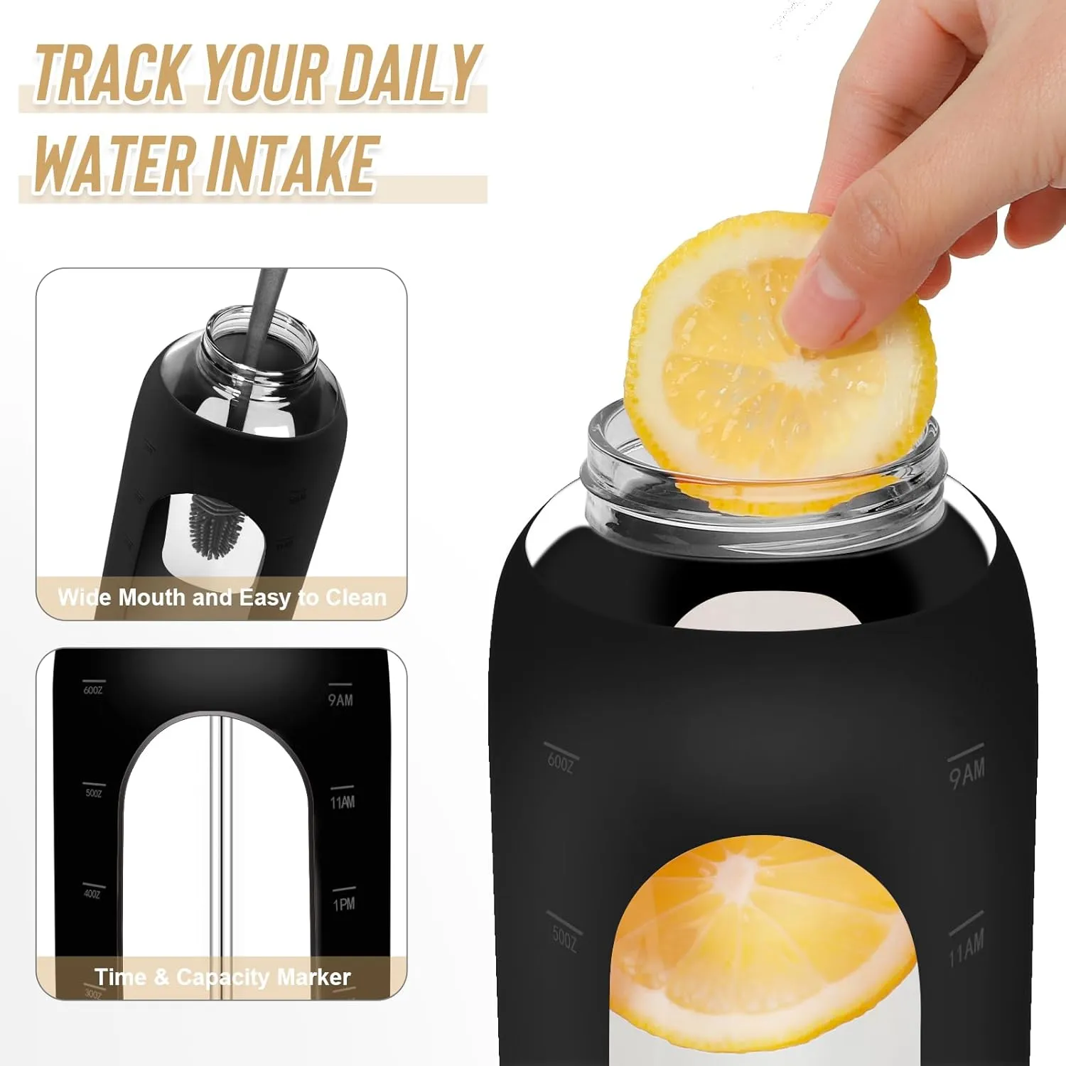 Glass Water Bottles 64 oz - Half Gallon Large Motivational Daily Water Intake Bottle Time Marker - Glass Water Bottle With Straw, Silicone Sleeve 2 Lids, Handle Spout & Bamboo Lid(Black)