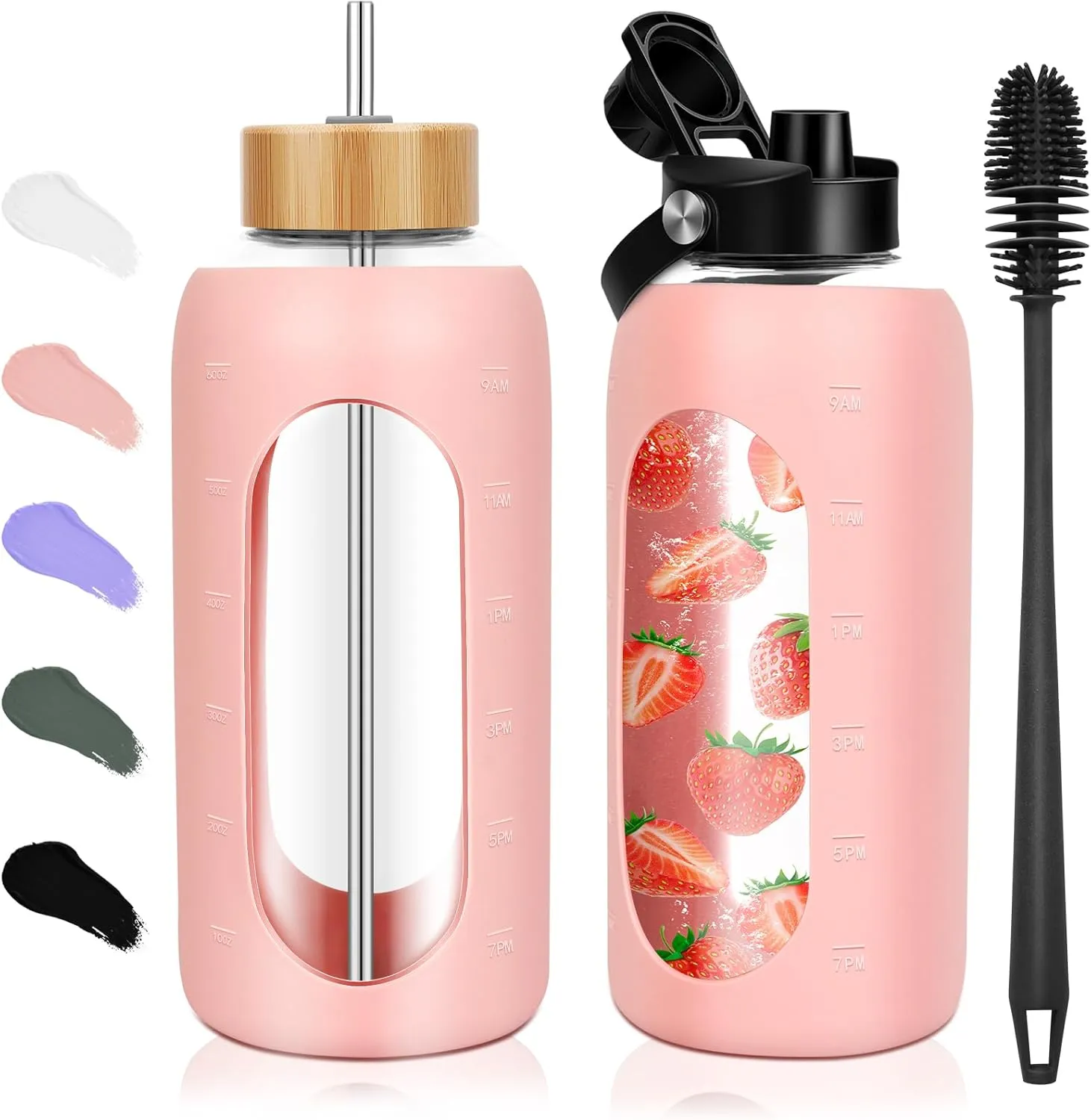 Glass Water Bottles 64 oz - Half Gallon Large Motivational Daily Water Intake Bottle Time Marker - Glass Water Bottle With Straw, Silicone Sleeve 2 Lids, Handle Spout & Bamboo Lid(Pink)