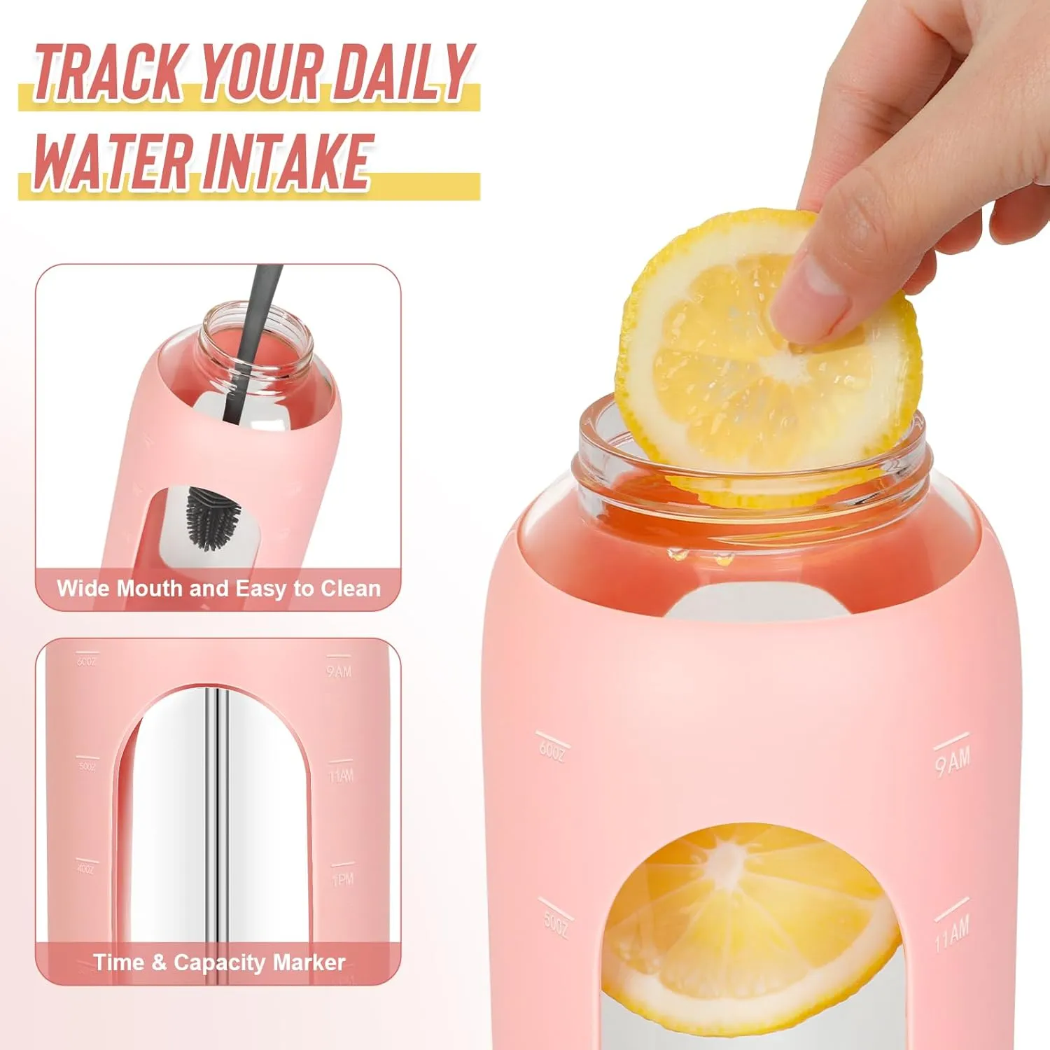 Glass Water Bottles 64 oz - Half Gallon Large Motivational Daily Water Intake Bottle Time Marker - Glass Water Bottle With Straw, Silicone Sleeve 2 Lids, Handle Spout & Bamboo Lid(Pink)