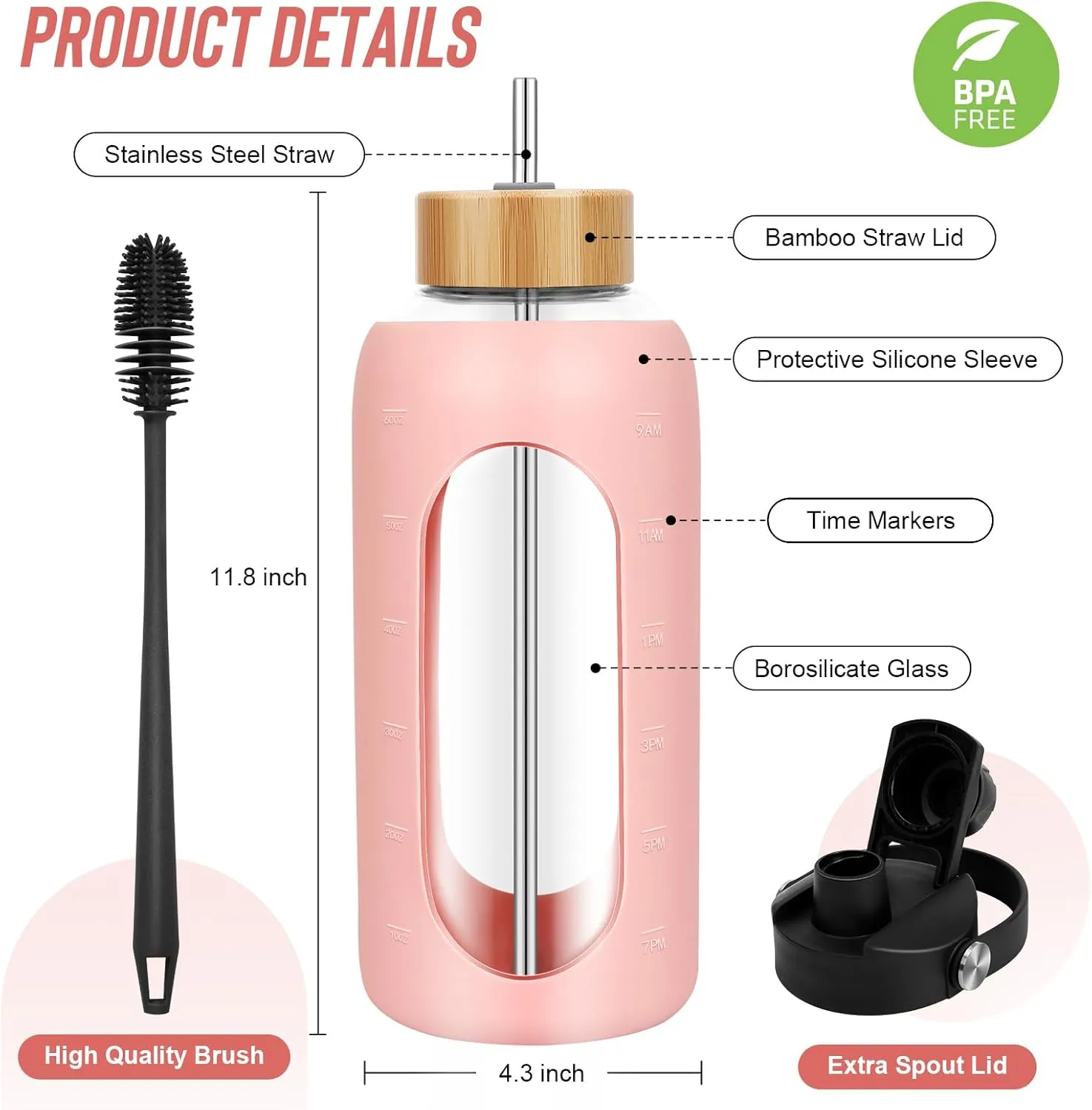 Glass Water Bottles 64 oz - Half Gallon Large Motivational Daily Water Intake Bottle Time Marker - Glass Water Bottle With Straw, Silicone Sleeve 2 Lids, Handle Spout & Bamboo Lid(Pink)