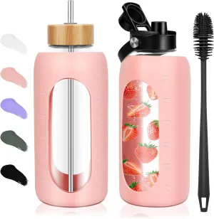 Glass Water Bottles 64 oz - Half Gallon Large Motivational Daily Water Intake Bottle Time Marker - Glass Water Bottle With Straw, Silicone Sleeve 2 Lids, Handle Spout & Bamboo Lid(Pink)
