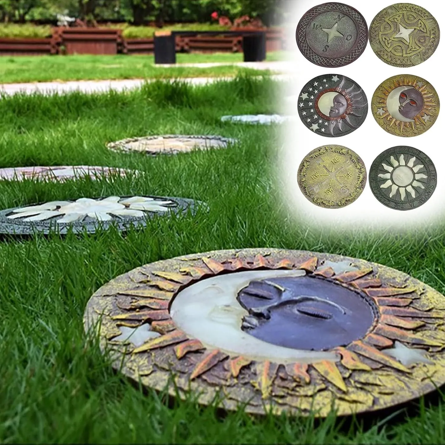 Glow-in-The-Dark Decorative Stone, Moon Solar Compass Yard Decoration Stepping Stone, 26 Cm(10") 6 Pcs Lawn Garden Flower Bed Stone, Outdoor Décor