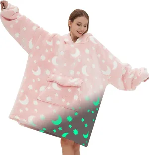 Glow in The Dark Wearable Blanket Hoodie for Adult,Oversized Sherpa Fleece Blanket Hoodie for Women Men,Luminous Moon and Stars