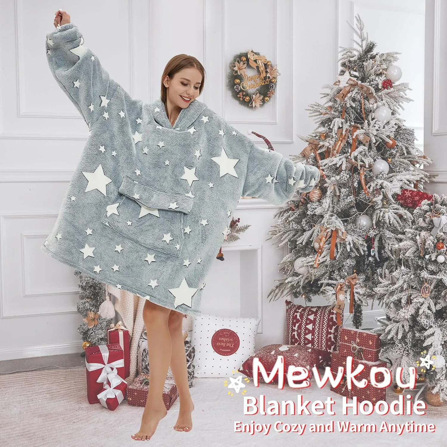 Glow in The Dark Wearable Blanket Hoodie for Adult,Oversized Sherpa Fleece Blanket Hoodie for Women Men,Luminous Stars