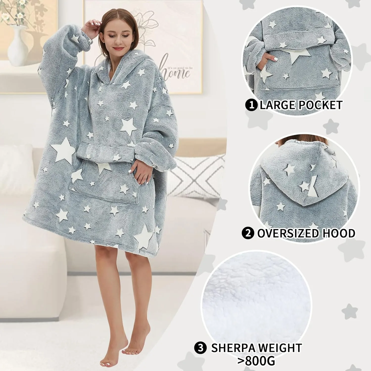 Glow in The Dark Wearable Blanket Hoodie for Adult,Oversized Sherpa Fleece Blanket Hoodie for Women Men,Luminous Stars