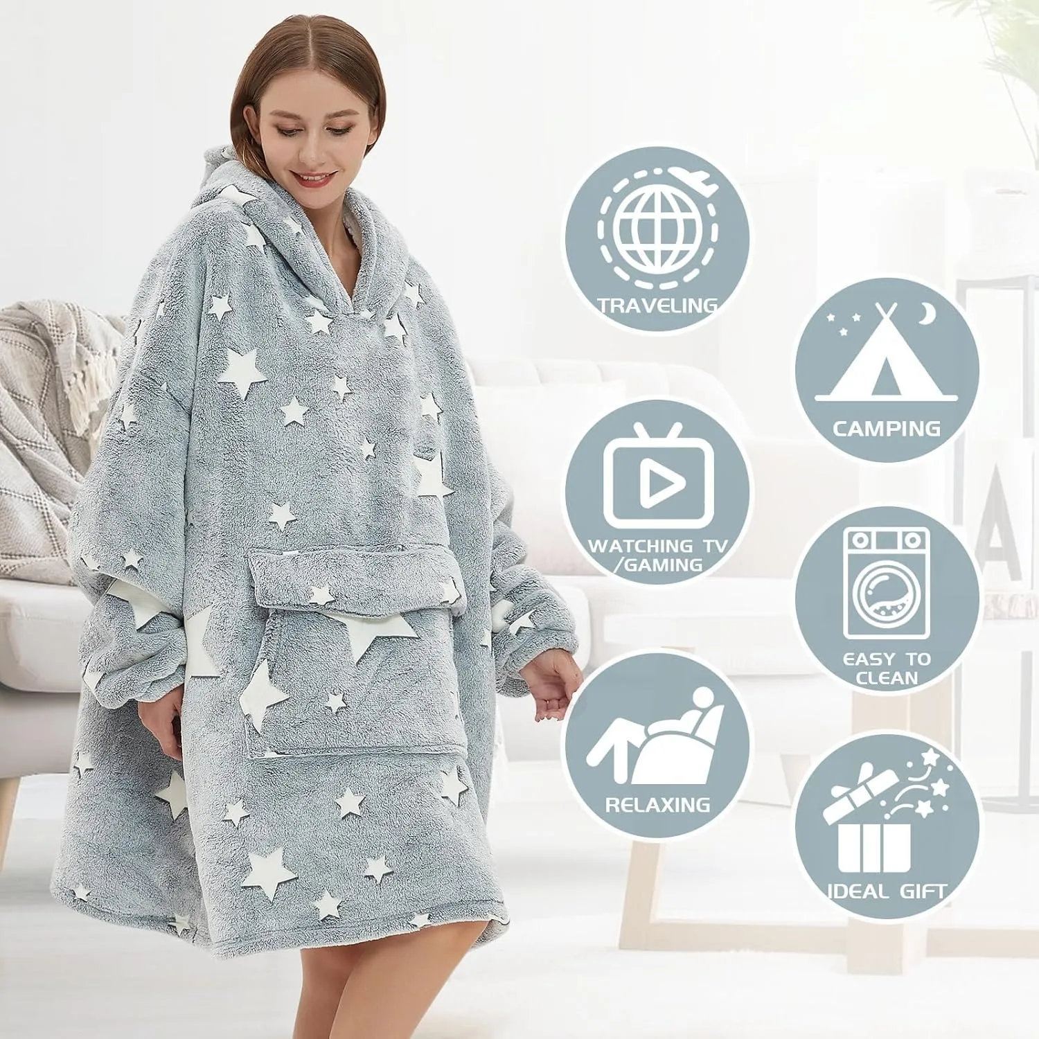 Glow in The Dark Wearable Blanket Hoodie for Adult,Oversized Sherpa Fleece Blanket Hoodie for Women Men,Luminous Stars