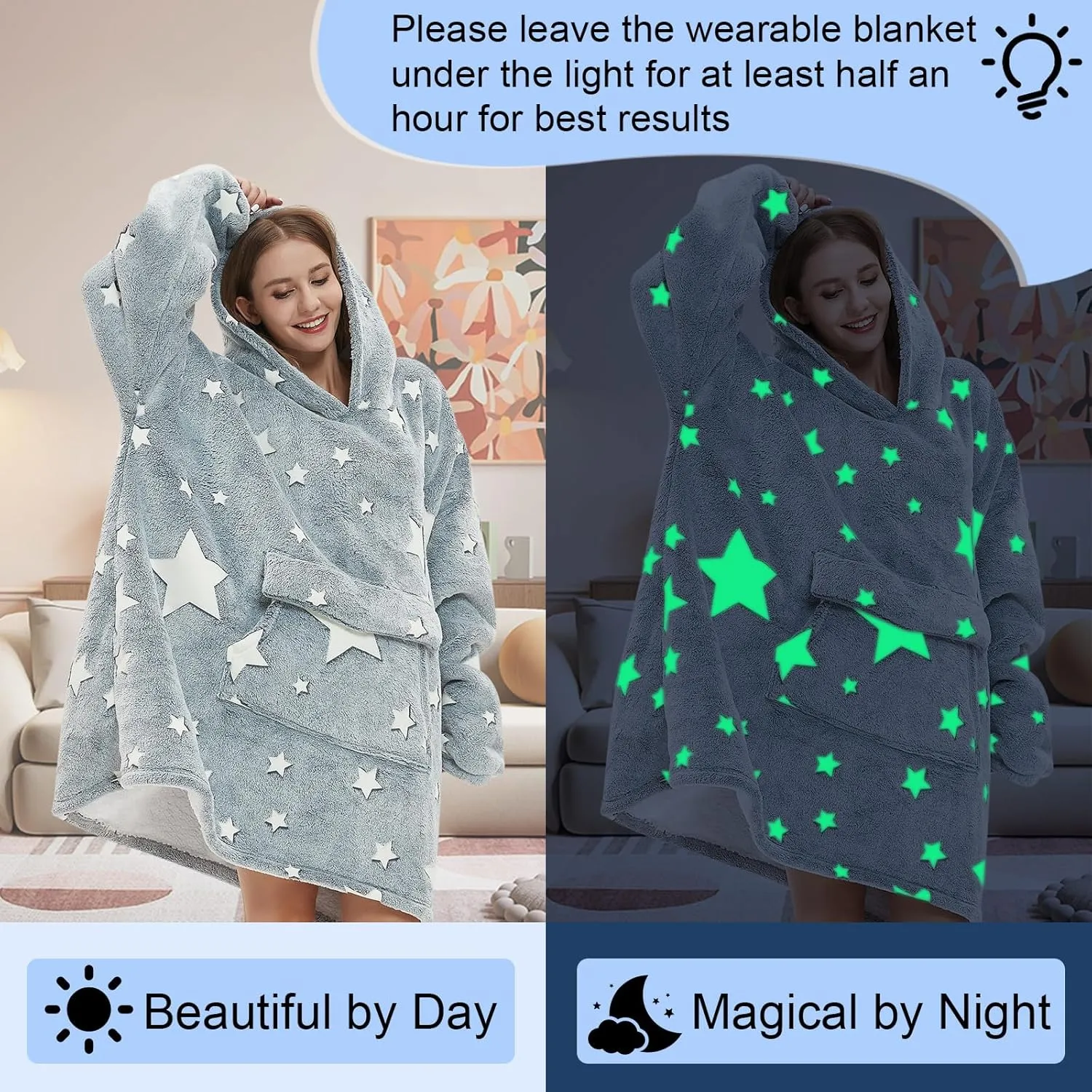 Glow in The Dark Wearable Blanket Hoodie for Adult,Oversized Sherpa Fleece Blanket Hoodie for Women Men,Luminous Stars