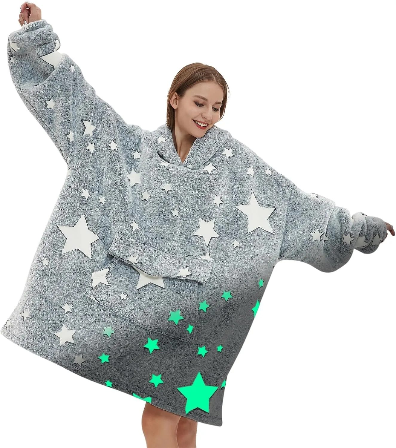 Glow in The Dark Wearable Blanket Hoodie for Adult,Oversized Sherpa Fleece Blanket Hoodie for Women Men,Luminous Stars