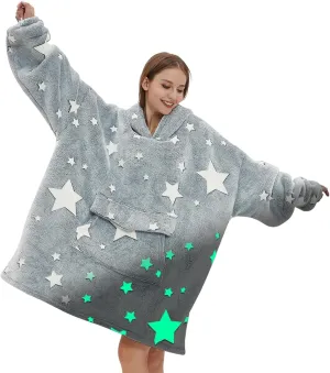 Glow in The Dark Wearable Blanket Hoodie for Adult,Oversized Sherpa Fleece Blanket Hoodie for Women Men,Luminous Stars