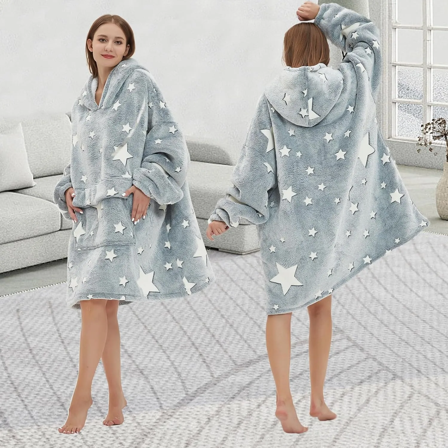 Glow in The Dark Wearable Blanket Hoodie for Adult,Oversized Sherpa Fleece Blanket Hoodie for Women Men,Luminous Stars