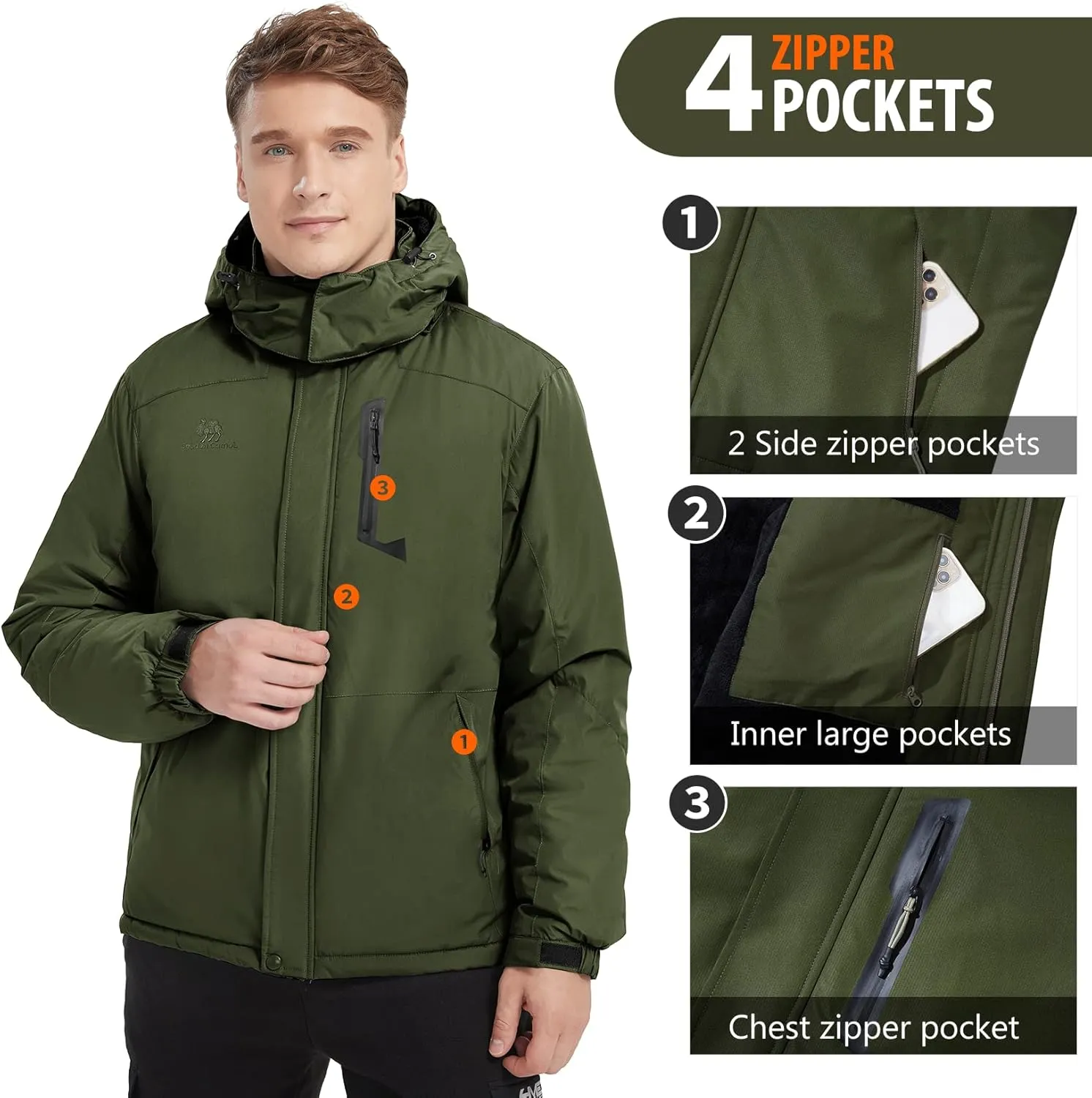 GOLDEN CAMEL Men's Winter Jacket Windproof Ski Snow Jacket Waterproof Thicken Parka Rain Jacket Warm Puffer Coat