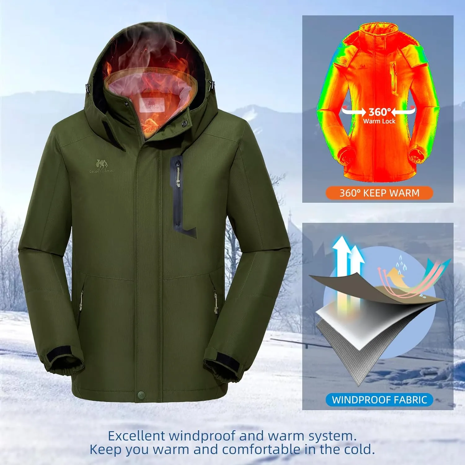 GOLDEN CAMEL Men's Winter Jacket Windproof Ski Snow Jacket Waterproof Thicken Parka Rain Jacket Warm Puffer Coat