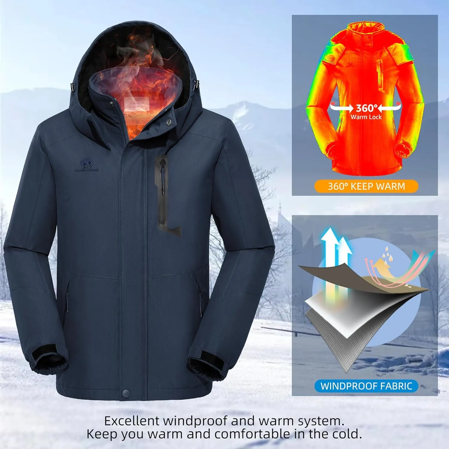 GOLDEN CAMEL Men's Winter Jacket Windproof Ski Snow Jacket Waterproof Thicken Parka Rain Jacket Warm Puffer Coat