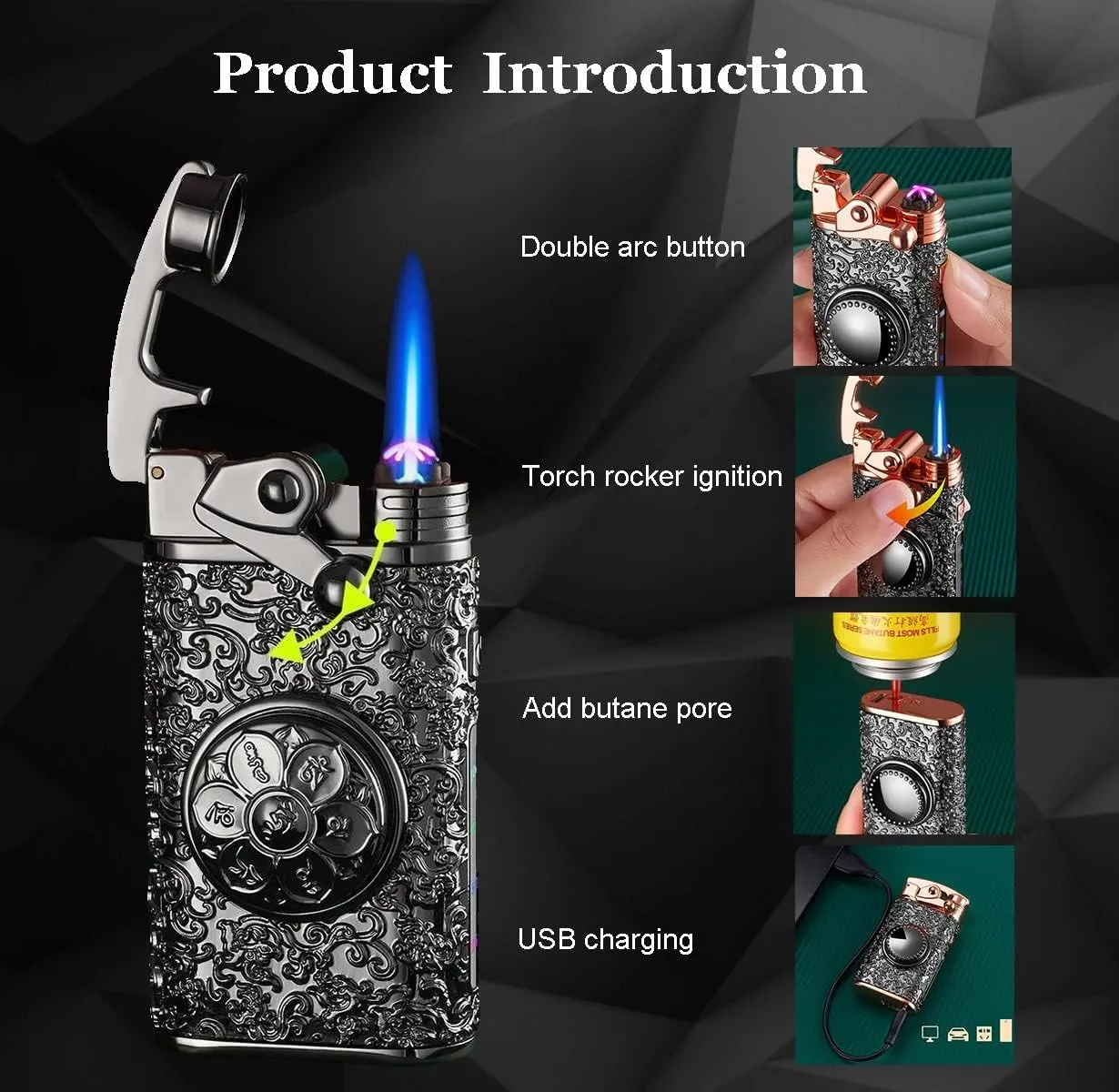 Golden Vintage Dual Arc Plasma Jet Flame Torch Lighter - 2 in 1 USB Rechargeable Windproof Butane Lighter with Gift Box