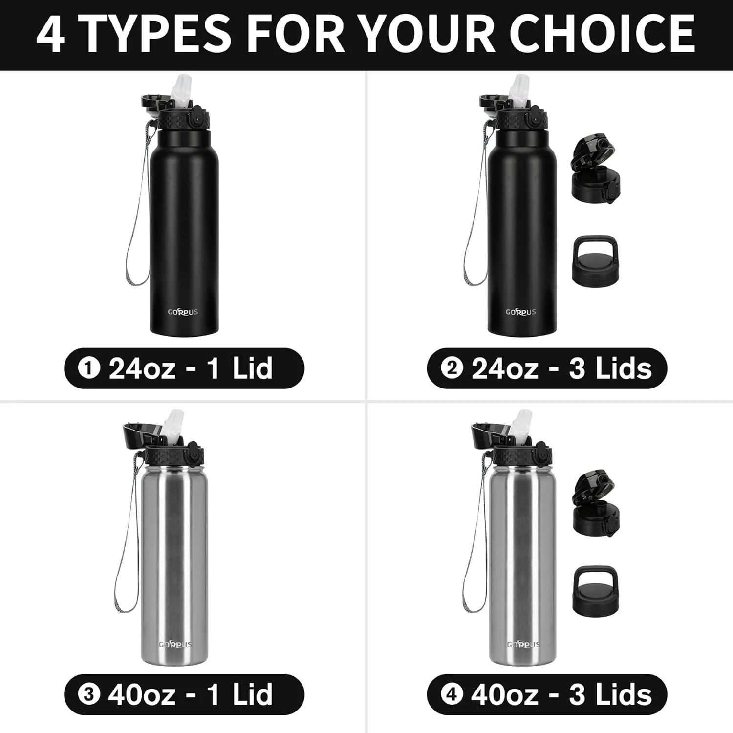 GOPPUS 24 oz Insulated Water Bottle With Straw Stainless Steel Sports Water Cup Flask with 3 Lids (Straw, Spout and Handle Lid) Wide Mouth Metal Water bottles for Men Women (Black)