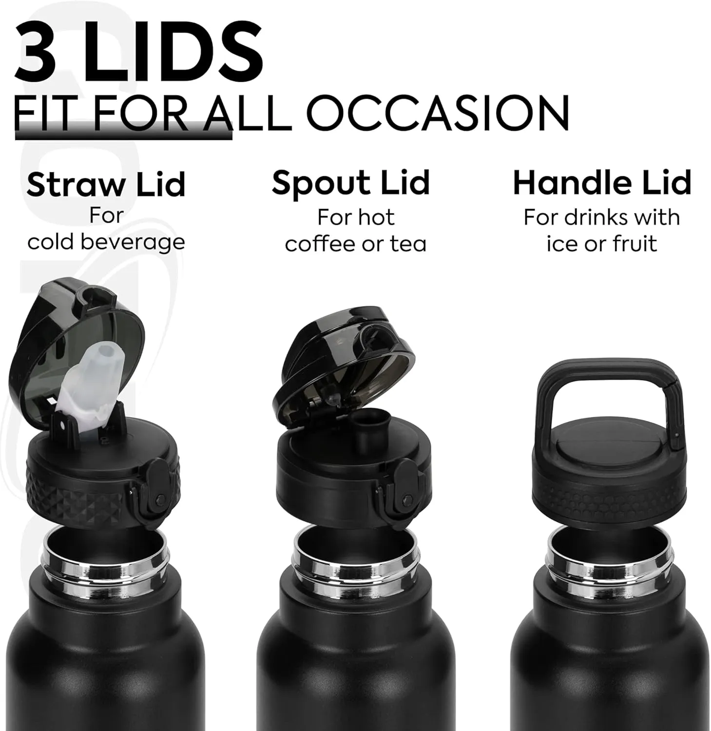 GOPPUS 24 oz Insulated Water Bottle With Straw Stainless Steel Sports Water Cup Flask with 3 Lids (Straw, Spout and Handle Lid) Wide Mouth Metal Water bottles for Men Women (Black)