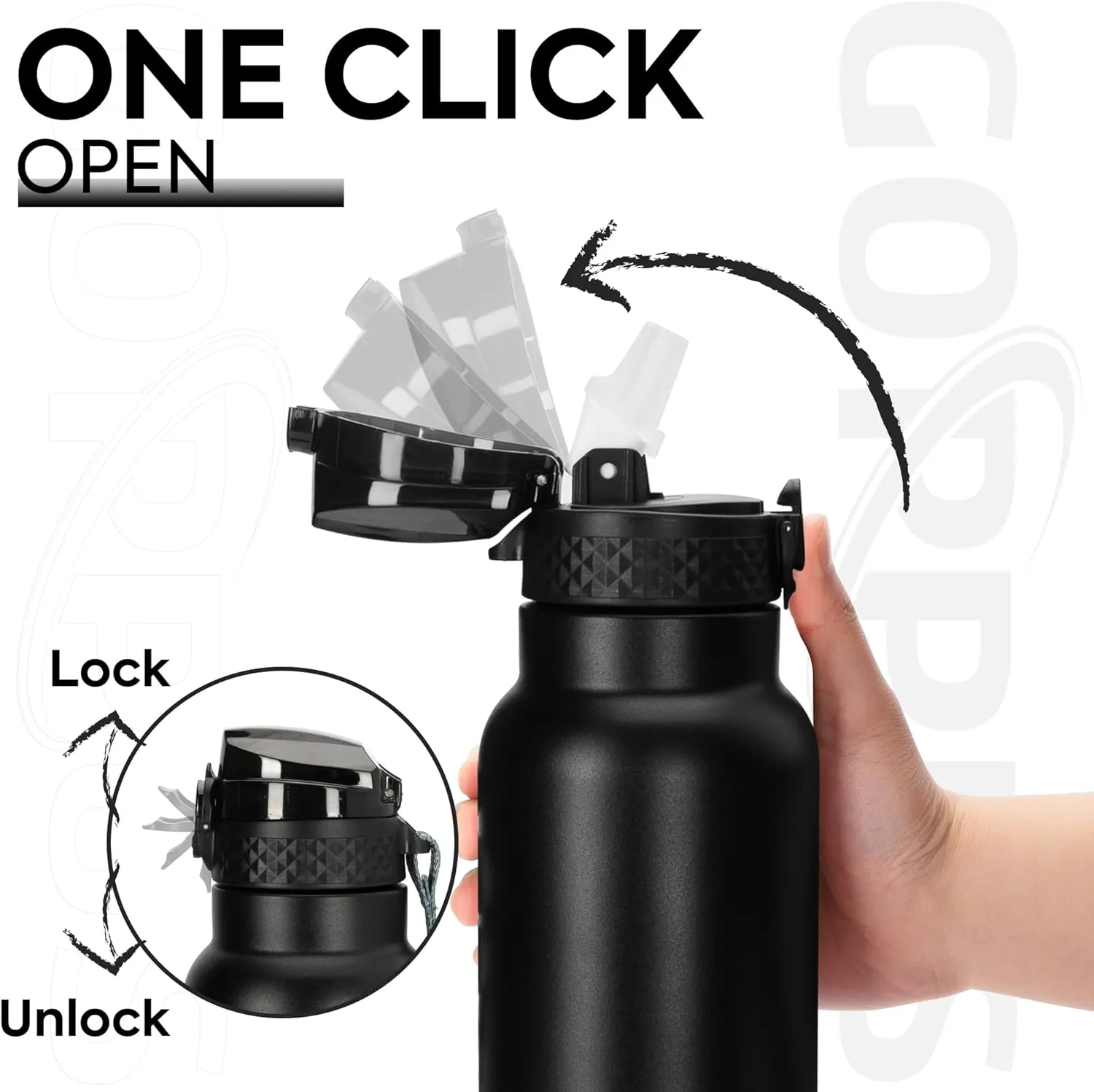 GOPPUS 24 oz Insulated Water Bottle With Straw Stainless Steel Sports Water Cup Flask with 3 Lids (Straw, Spout and Handle Lid) Wide Mouth Metal Water bottles for Men Women (Black)