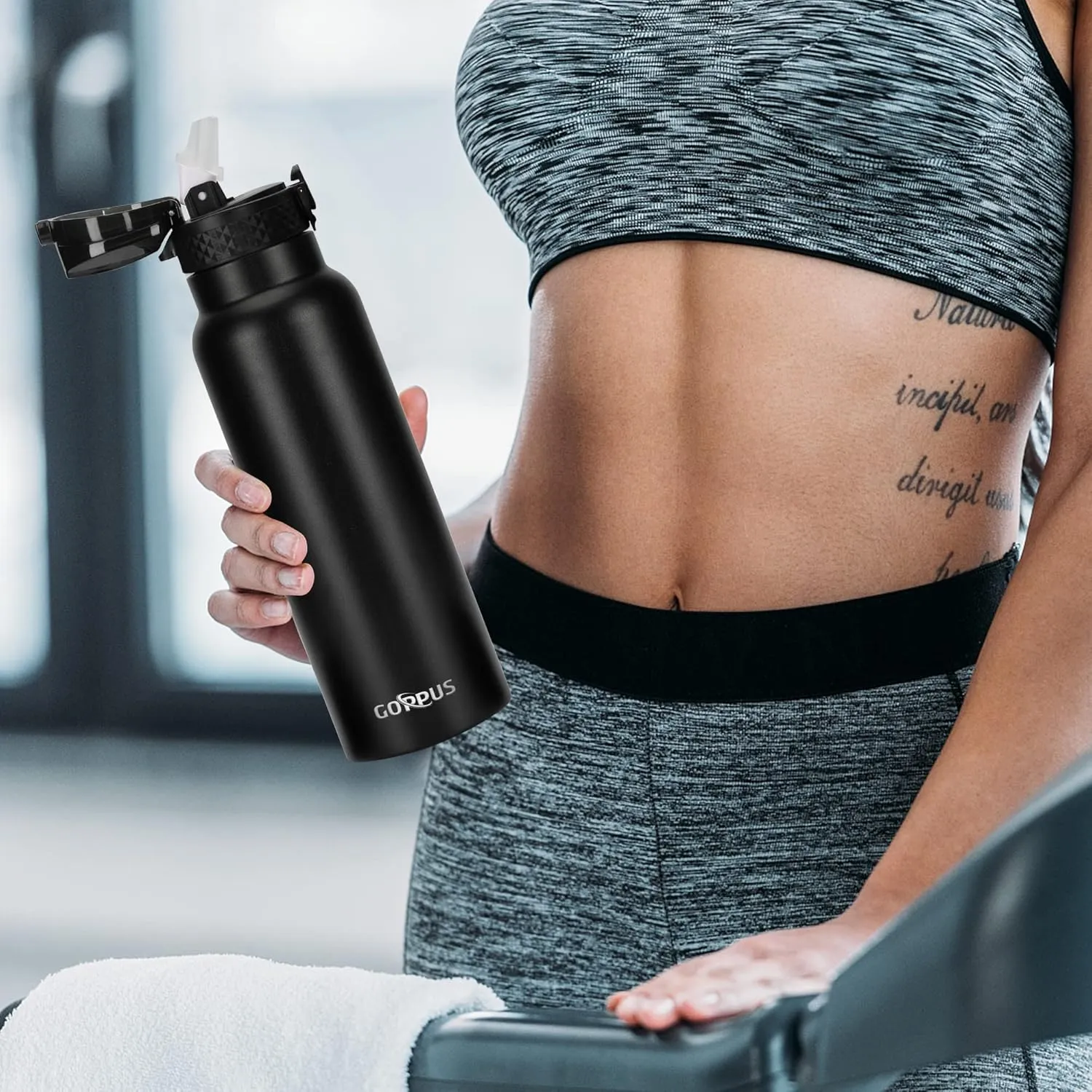 GOPPUS 24 oz Insulated Water Bottle With Straw Stainless Steel Sports Water Cup Flask with 3 Lids (Straw, Spout and Handle Lid) Wide Mouth Metal Water bottles for Men Women (Black)