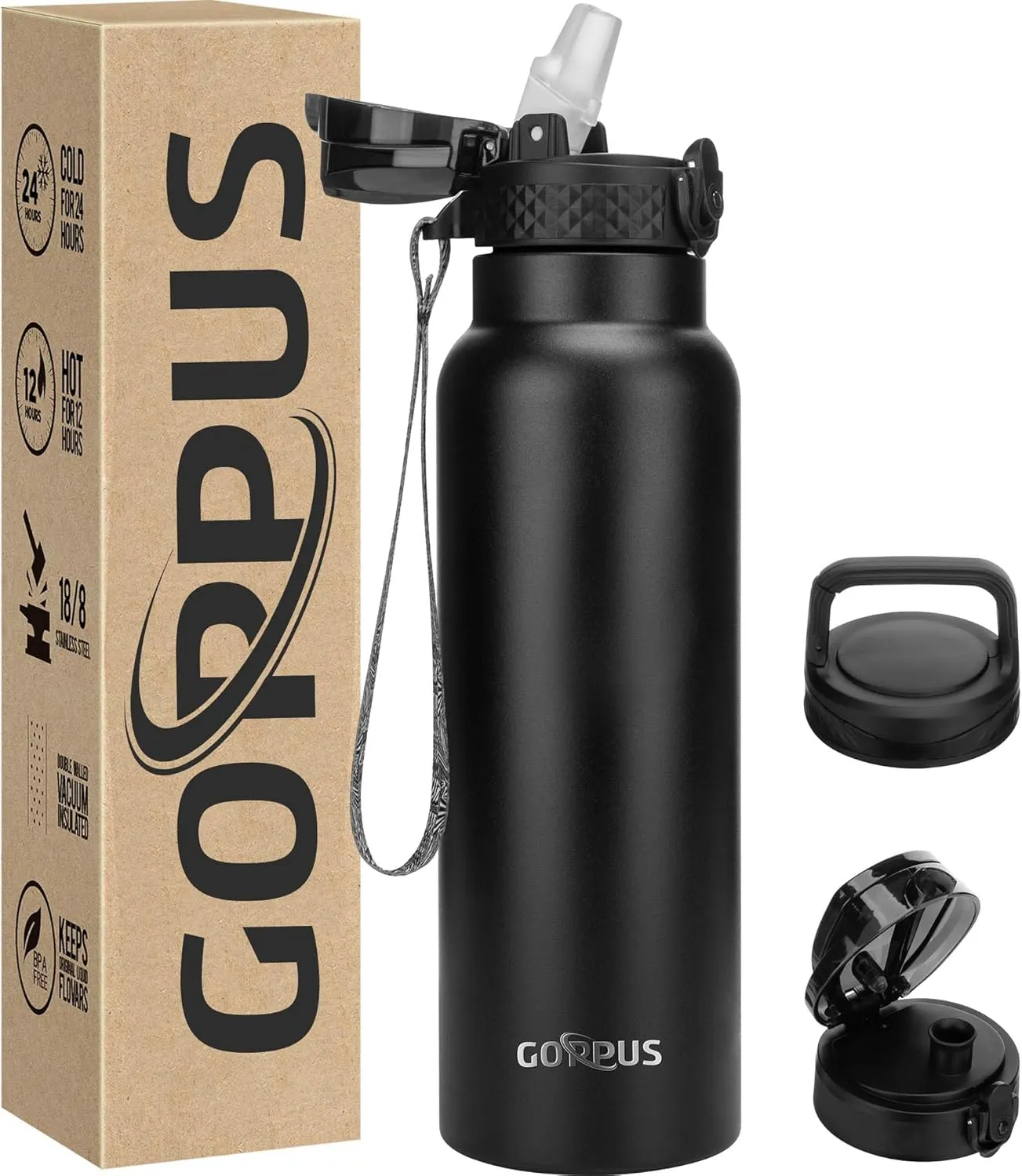 GOPPUS 24 oz Insulated Water Bottle With Straw Stainless Steel Sports Water Cup Flask with 3 Lids (Straw, Spout and Handle Lid) Wide Mouth Metal Water bottles for Men Women (Black)