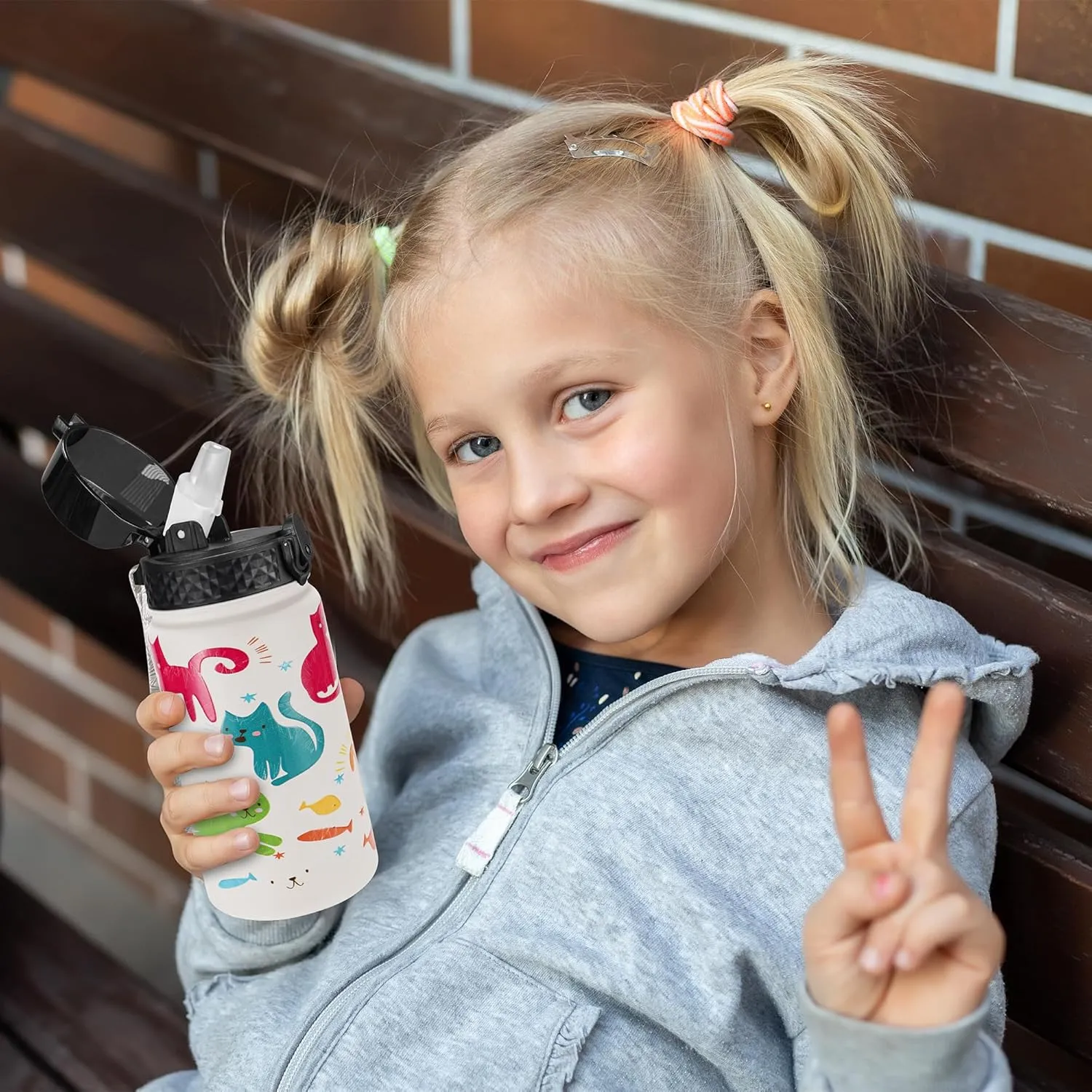 GOPPUS Kids Water Bottle (Straw Lid) - 14 Oz Stainless Steel Travel Bottle, Double Wall Vacuum Leak Proof Kids Cup for School Boys Girls,Cute Cat