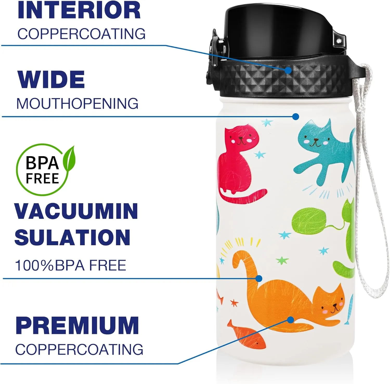 GOPPUS Kids Water Bottle (Straw Lid) - 14 Oz Stainless Steel Travel Bottle, Double Wall Vacuum Leak Proof Kids Cup for School Boys Girls,Cute Cat