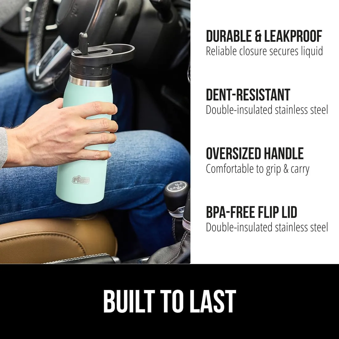 GORILLA GRIP Insulated Stainless Steel Water Bottle with Straw, Leak Proof BPA-Free Reusable Travel Bottles for Sports, School, Keep Drinks Cold, Dent Resistant Tumbler, Dishwasher Safe, 24 oz, Mint