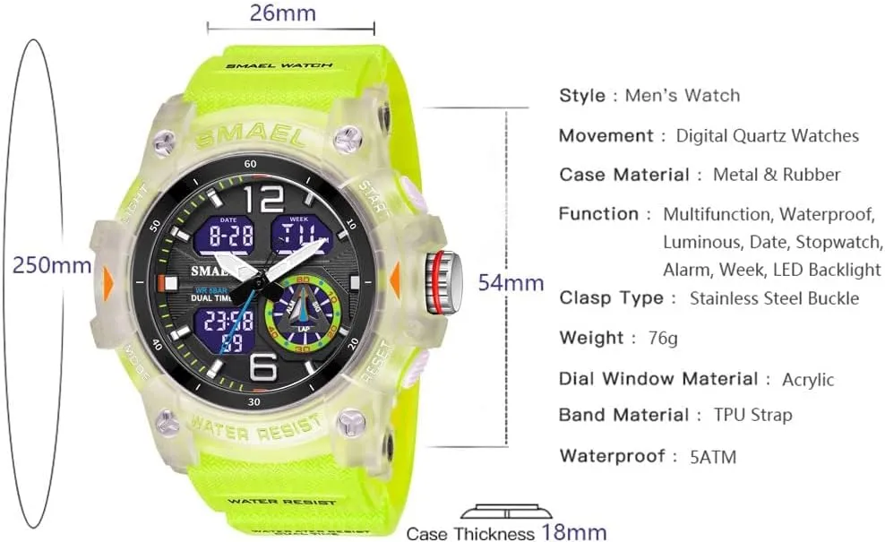 Gosasa Men's Large Face Outdoor Sports Watches Military S-Shock Watch Waterproof, Backlight, Alarm, Stopwatch Features - Rugged Wristwatch for Training, Hiking, and Adventure