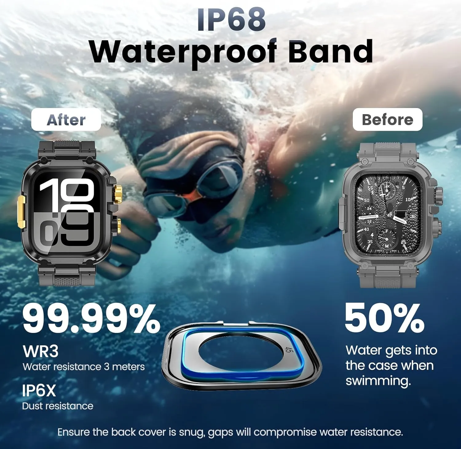 Goton IP68 Waterproof Rugged Band for Apple Watch 46mm/45mm/44mm with Case build-in Screen Protector – Heavy Duty Sport Strap Compatible with iWatch Series 10/9/8/7/6/5/4/SE