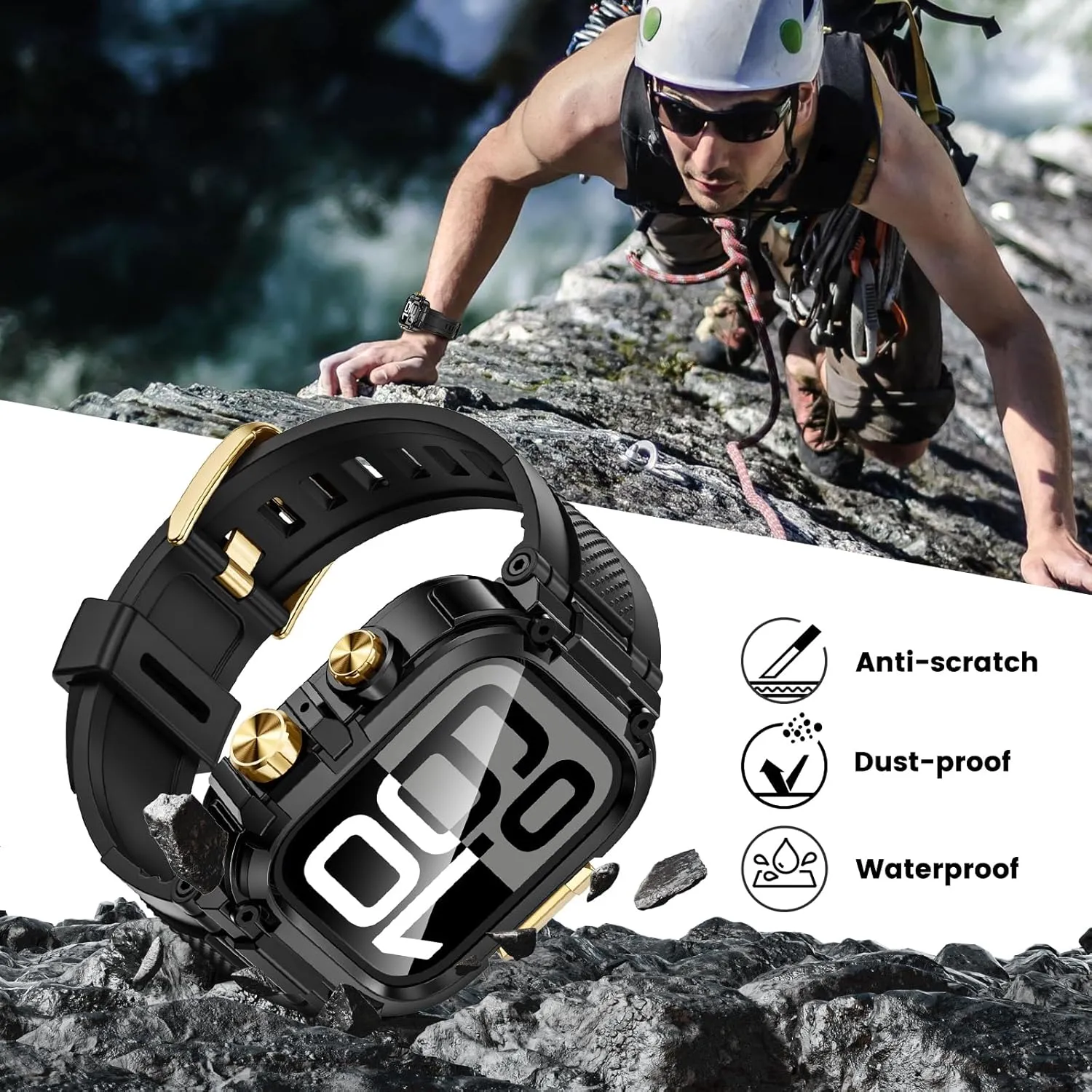 Goton IP68 Waterproof Rugged Band for Apple Watch 46mm/45mm/44mm with Case build-in Screen Protector – Heavy Duty Sport Strap Compatible with iWatch Series 10/9/8/7/6/5/4/SE