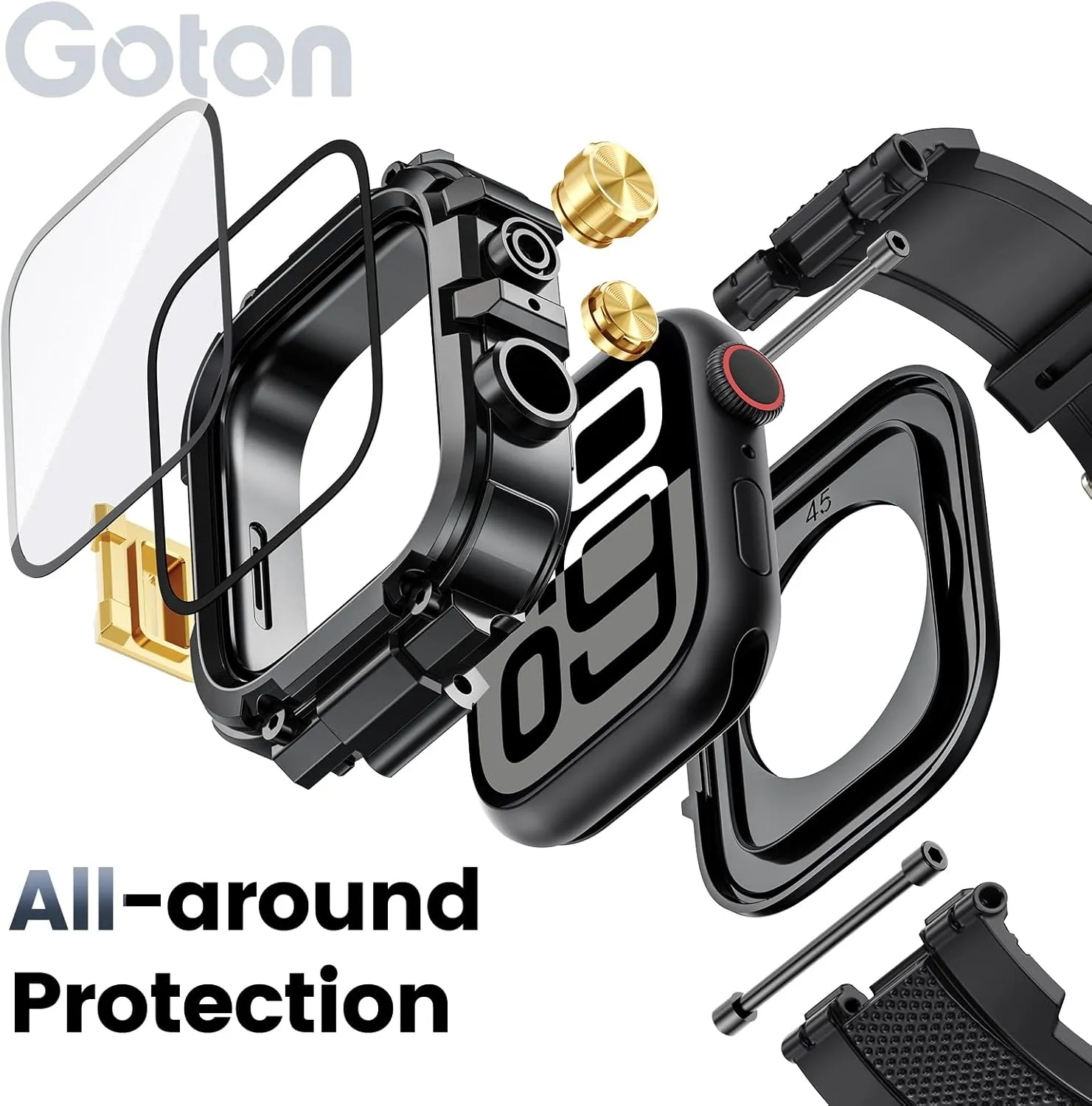 Goton IP68 Waterproof Rugged Band for Apple Watch 46mm/45mm/44mm with Case build-in Screen Protector – Heavy Duty Sport Strap Compatible with iWatch Series 10/9/8/7/6/5/4/SE
