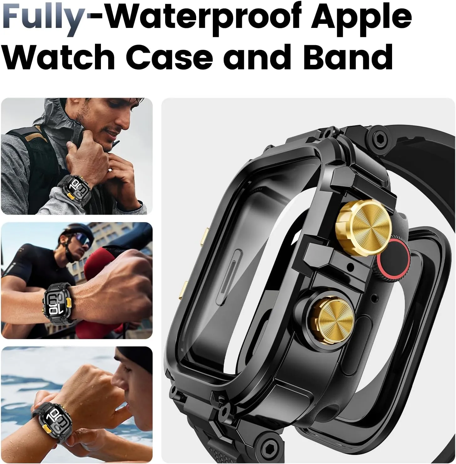 Goton IP68 Waterproof Rugged Band for Apple Watch 46mm/45mm/44mm with Case build-in Screen Protector – Heavy Duty Sport Strap Compatible with iWatch Series 10/9/8/7/6/5/4/SE