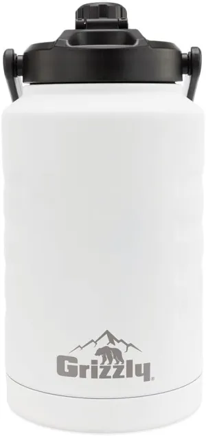 Grizzly 128oz Water Bottle, Vacuum Insulated, Stainless Steel, For Gym Hiking Beach Camping Sports, All day hydration, White